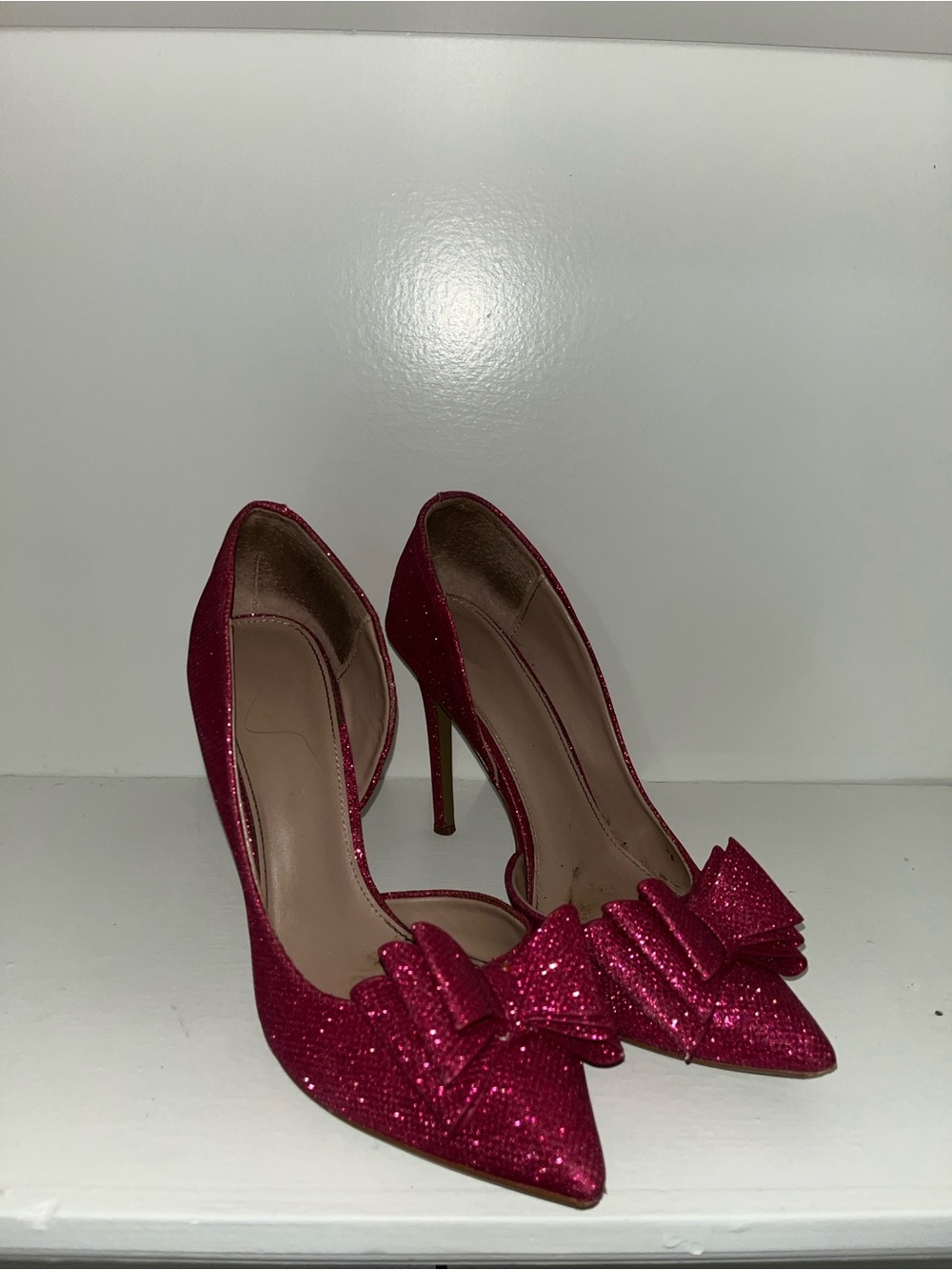 Betsey Johnson d’Orsay Pink Glitter Pointed-Toe Heels with Bow